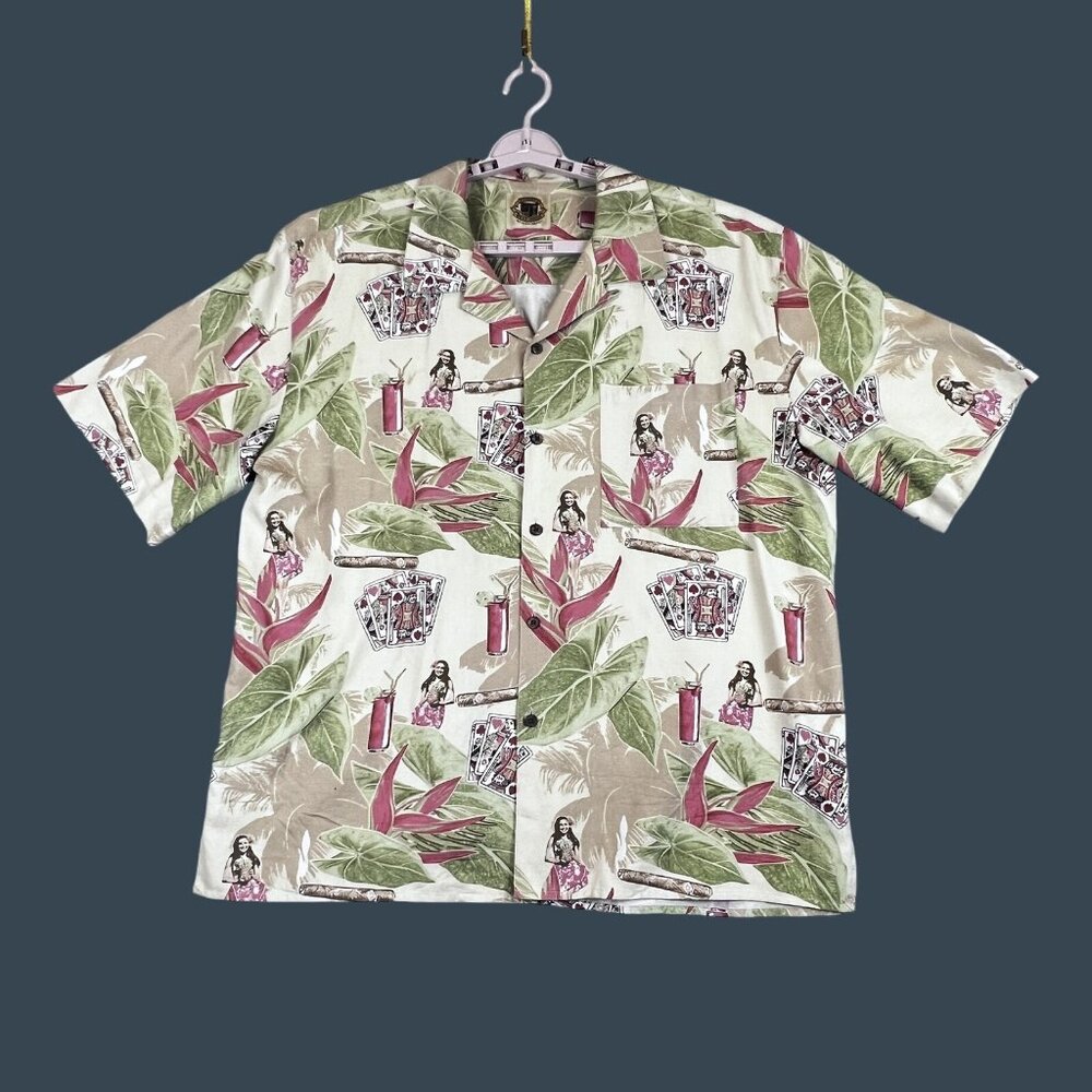 Pusser's West Indies Shirt Mens Large Hawaiian Silk Cotton Hula Cards Print - Picture 8 of 8